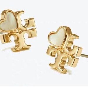 Tory Burch Kira Logo Heart Mother  of Pearl Earrings